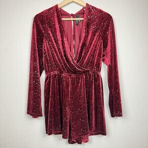 Lulus Wine Red Velvet Sparkly Long Sleeve Romper Size M Stretch Tie High Waist